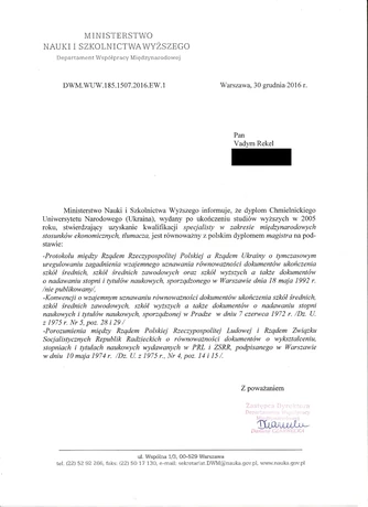 Confirmation of equivalence to a Polish master’s diploma